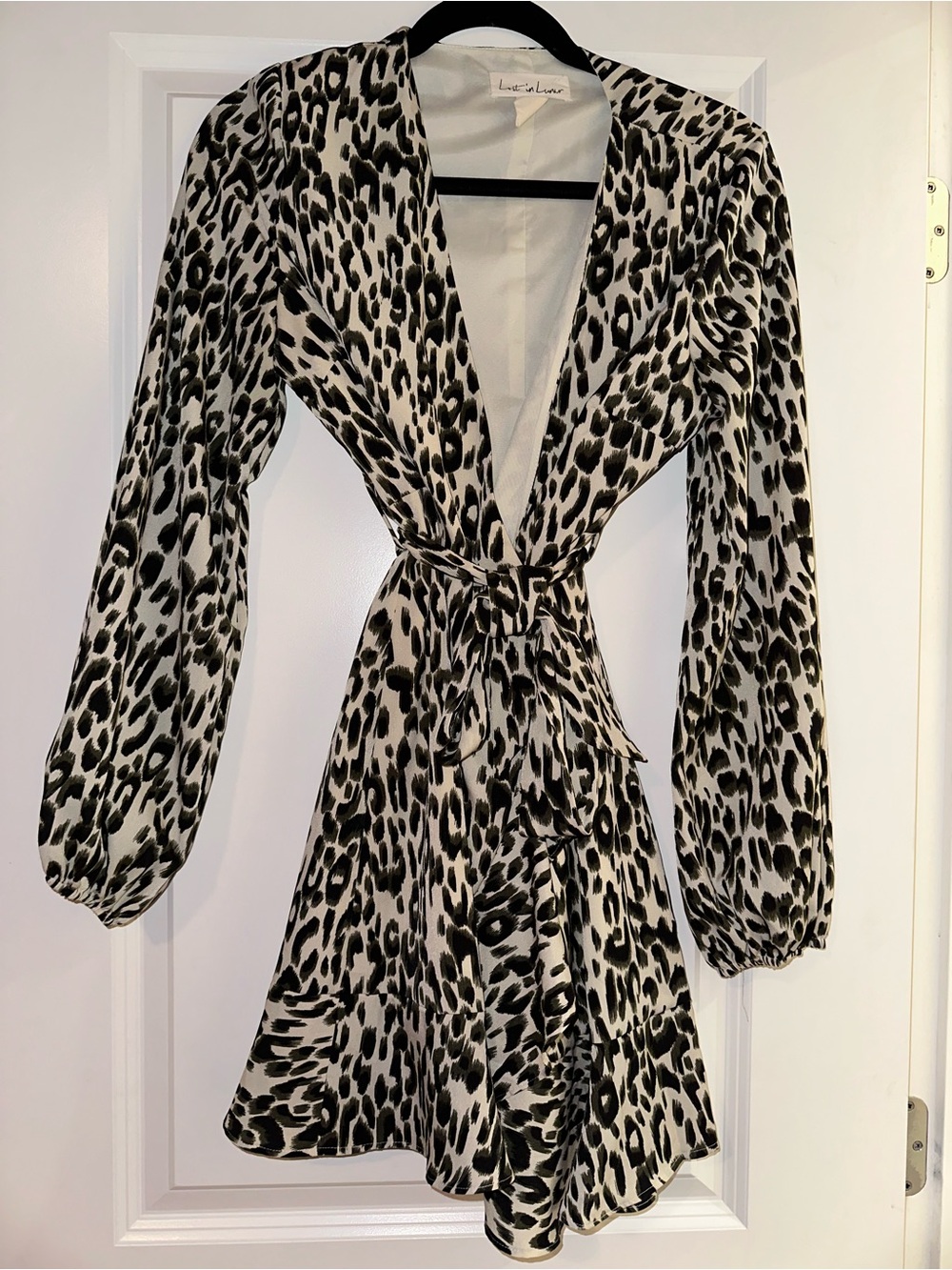 Leopard Print Wrap Mini Dress in Black & White